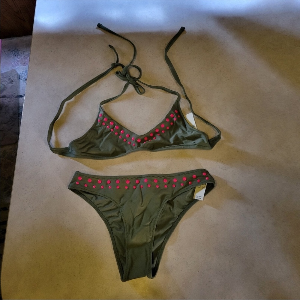 NWT! Super Cute!! Olive Green Bikini with Pink Accents